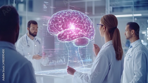 A team of neurologists studying a 3D hologram of a human brain to diagnose neurological conditions and plan treatment Large space for text in center Stock Photo with copy space