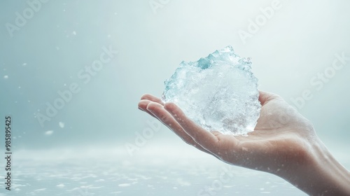 A human hand holding a melting glacier fragment, depicting the fragile state of Earth's ice reserves. Global warming, Ice melt