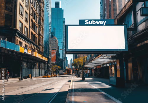 A photograph of a large billboard with a white blank screen and the word 