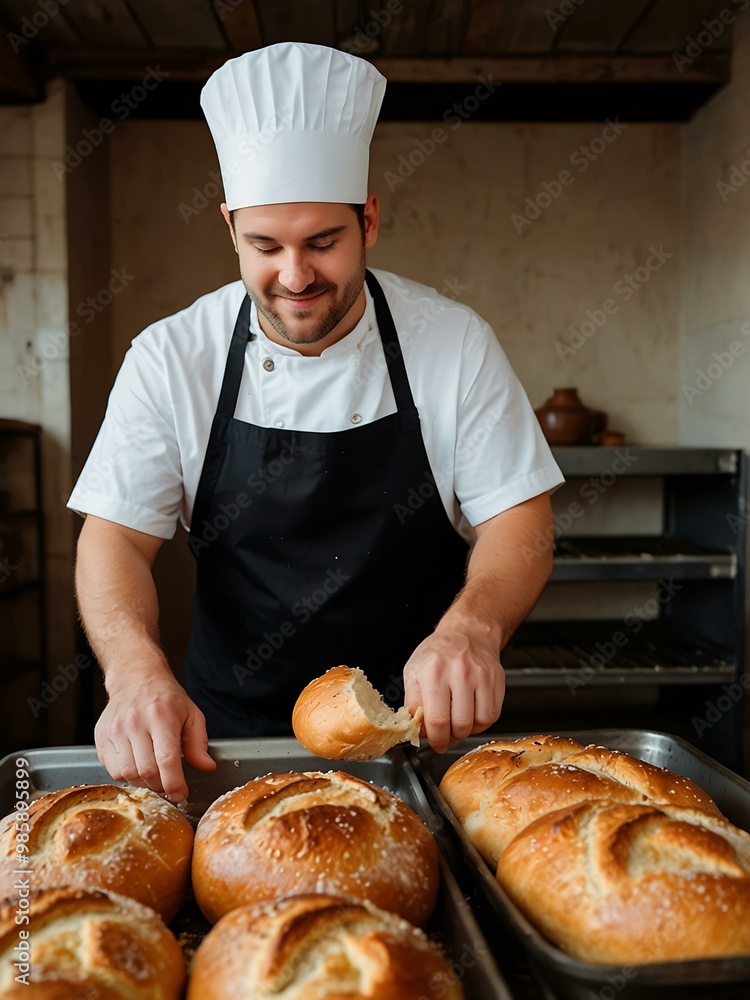 Baker pulling fresh bread from the oven. Baker pulling fresh bread from the oven.