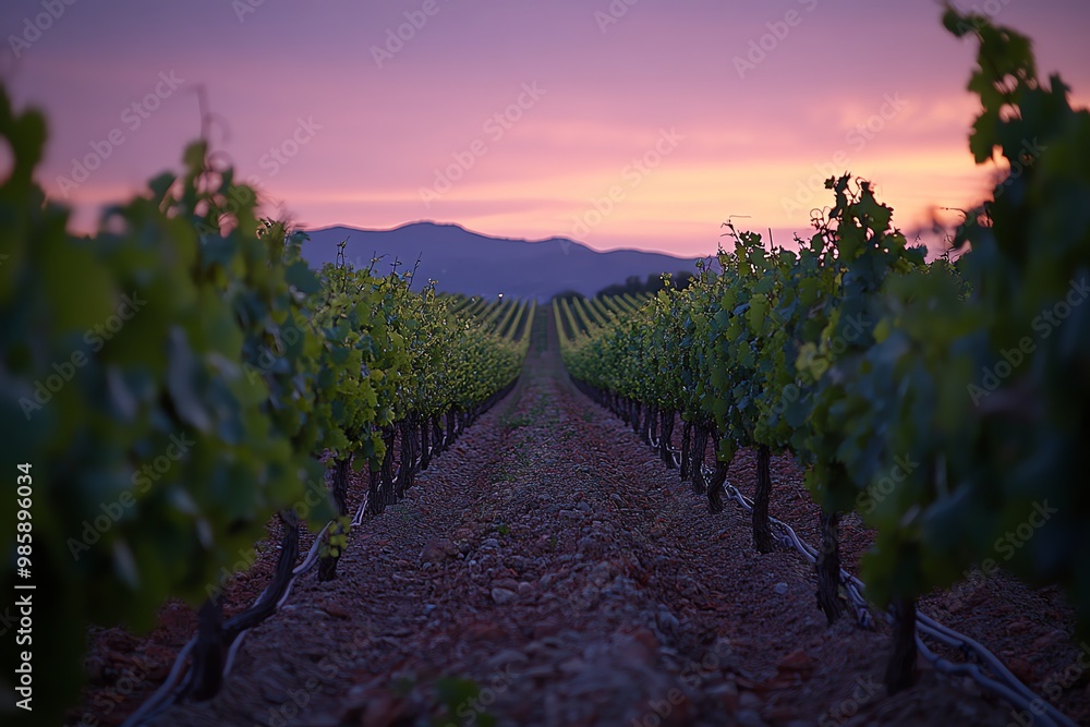 Naklejka premium Rows of grapevines with a pink sunset sky in the background.