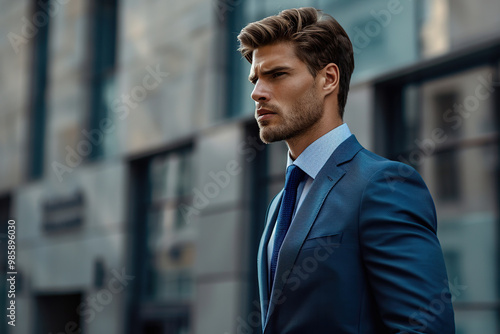 Confident businessman walking near business office