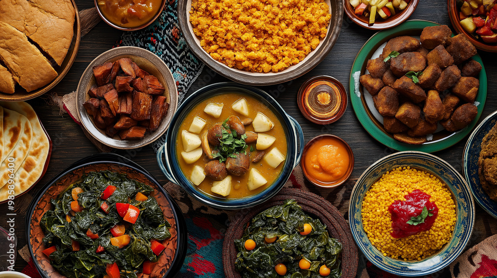 Traditional African Feast with Diverse Dishes for Kwanzaa Celebration Traditional African Feast with Diverse Dishes for Kwanzaa Celebration