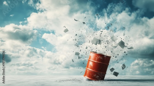 Collapsing oil barrels made of paper, with wind blowing them away, symbolizing fragile oil prices and market volatility. Volatile market, oil price collapse photo