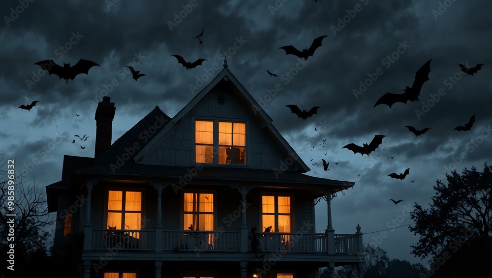 Bats flying around a house, enhancing the haunting ambiance. Bats flying around a house, enhancing the haunting ambiance.