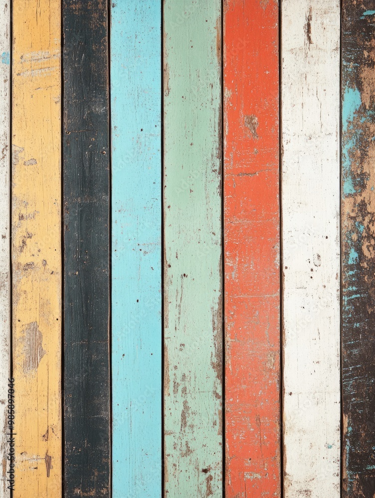 A vibrant array of vertical, distressed wooden planks in various colors, showcasing rustic charm and character.