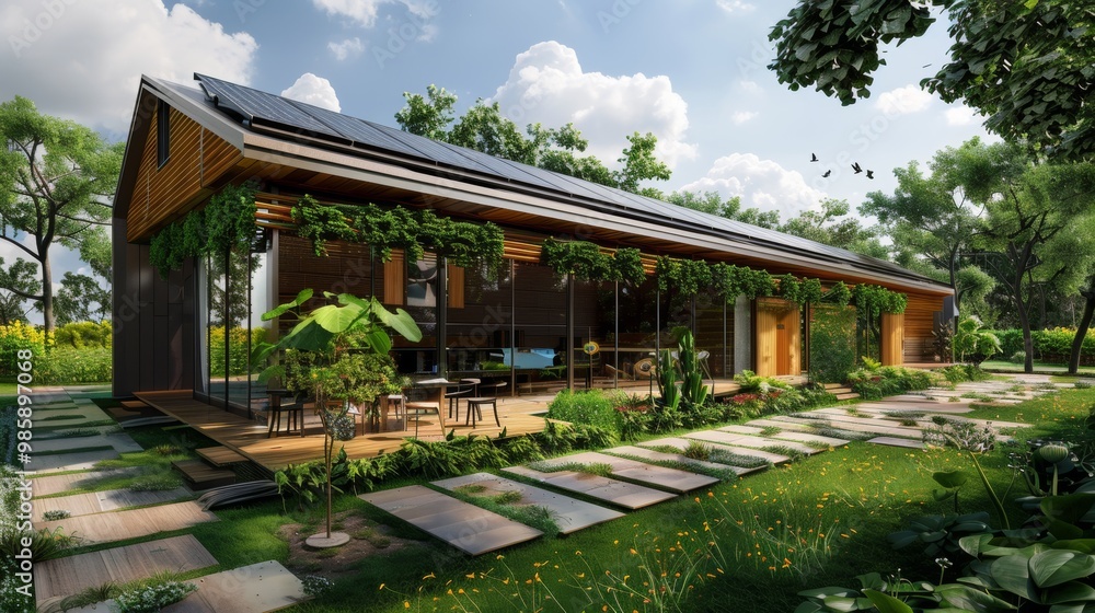 Rustic Wooden Cabin Nestled in Lush Green Garden with Outdoor Seating Area and Sustainable Design Rustic Wooden Cabin Nestled in Lush Green Garden with Outdoor Seating Area and Sustainable Design