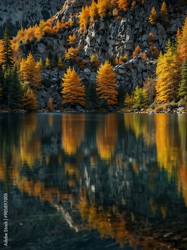 Beautiful autumn reflection in a mountain lake.