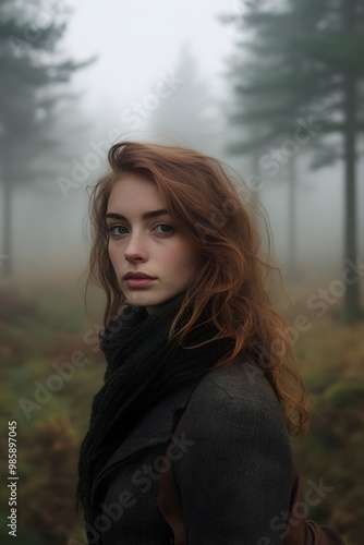 Captivating Portrait of Woman in Misty Forest Landscape