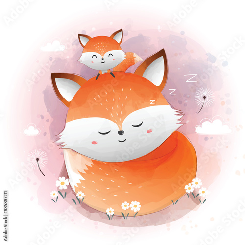 A heartwarming illustration of a big fox sleeping peacefully on a bed of flowers, while a smaller fox is sitting on its back and also sleeping. The background is a soft, pastel pink with white clouds 