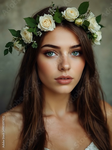 Beautiful woman with a floral crown and green eyes.