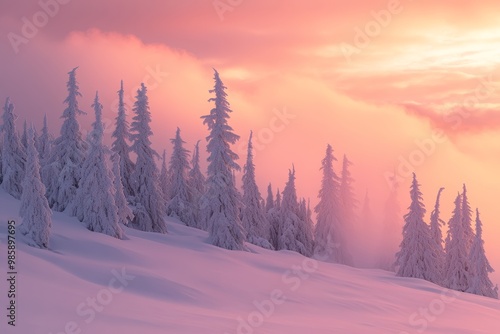 Towering pine trees are blanketed in snow as the sun sets, casting a warm glow over the serene winter landscape