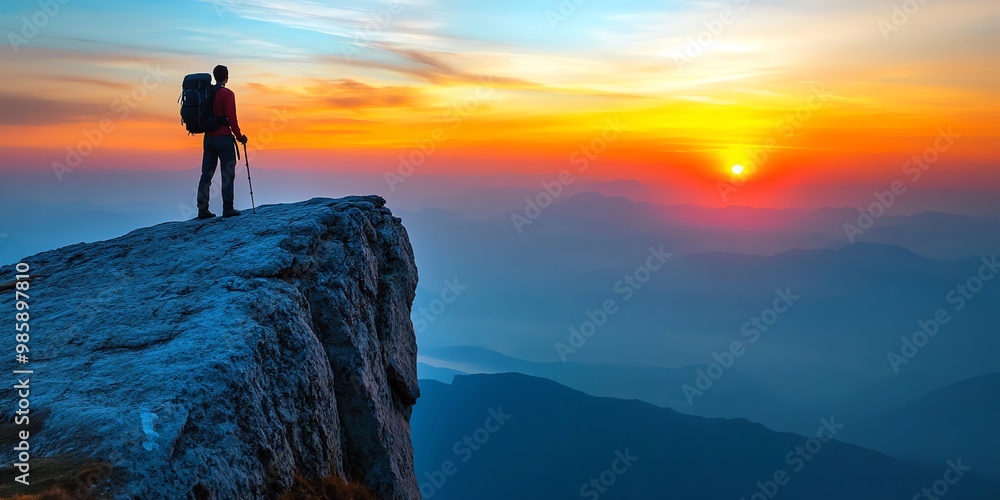 Silhouette of a hiker standing on a mountaintop with a backpack and trekking poles, looking at a stunning sunrise over a mountain range. Silhouette of a hiker standing on a mountaintop with a backpack and trekking poles, looking at a stunning sunrise over a mountain range.