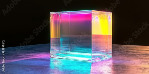 3D Crystal Glass Cube Creating Beautiful Refractions and Holograms - Artistic Design and Visual Art Concept photo