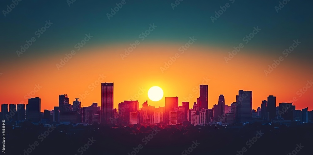 Fototapeta premium Silhouettes of buildings in a city at sunset with the sun shining brightly.