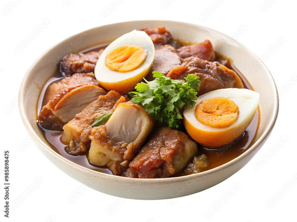 Thai Style Pork Leg Stew with Five Spices, Stewed pork leg and mix pork ,egg in street food on transparent or white background, fresh ham on rice, Rice with Pork Leg Stew, Thai street food Thai Style Pork Leg Stew with Five Spices, Stewed pork leg and mix pork ,egg in street food on transparent or white background, fresh ham on rice, Rice with Pork Leg Stew, Thai street food