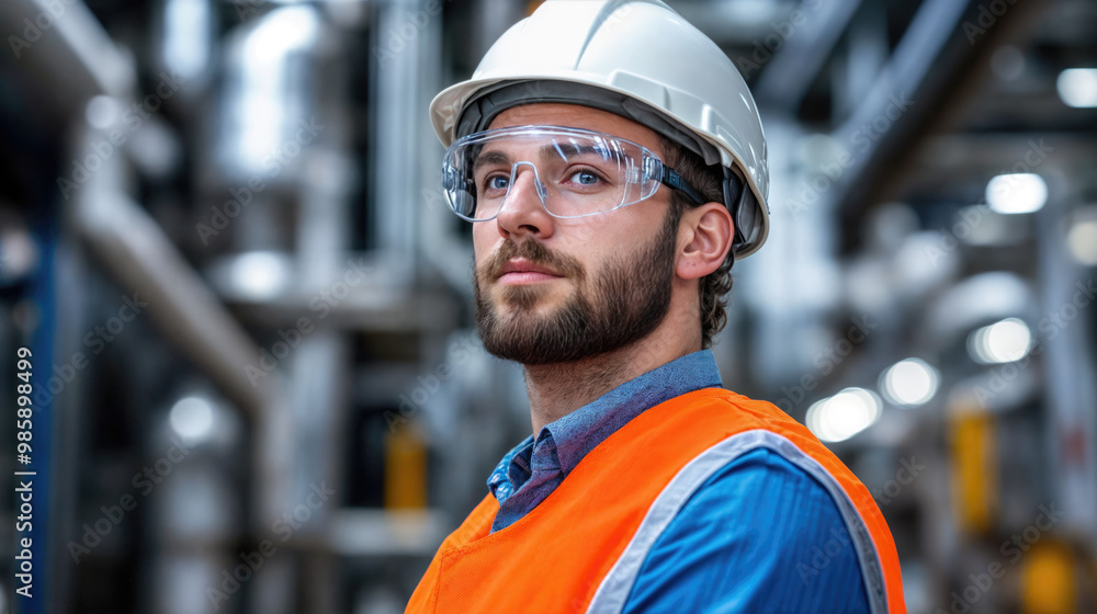 Industrial engineer wearing safety glasses and hard hat supervising work in a factory Industrial engineer wearing safety glasses and hard hat supervising work in a factory