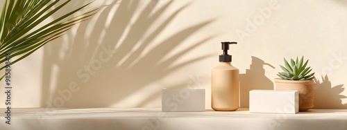 Product photography, beige background with a palm leaf shadow on the wall, two bottles of shampoo in front of it, one vase and a small succulent plant next to them, simple geometric shapes, minimalist