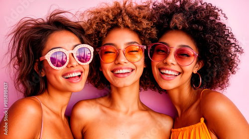 Three beautiful women wearing sunglasses are smiling on pink background