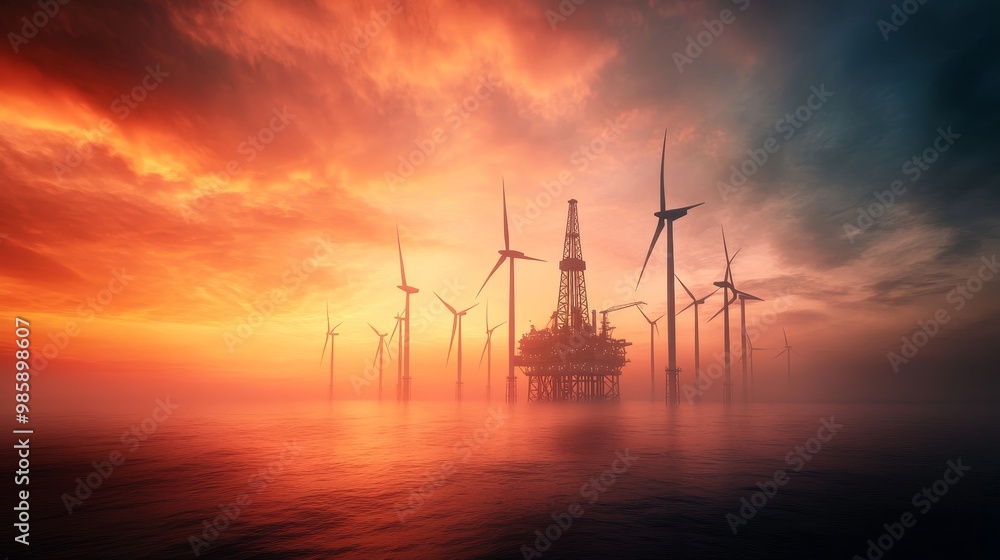 The image shows wind turbines silhouetted against a vibrant sunset sky The image shows wind turbines silhouetted against a vibrant sunset sky