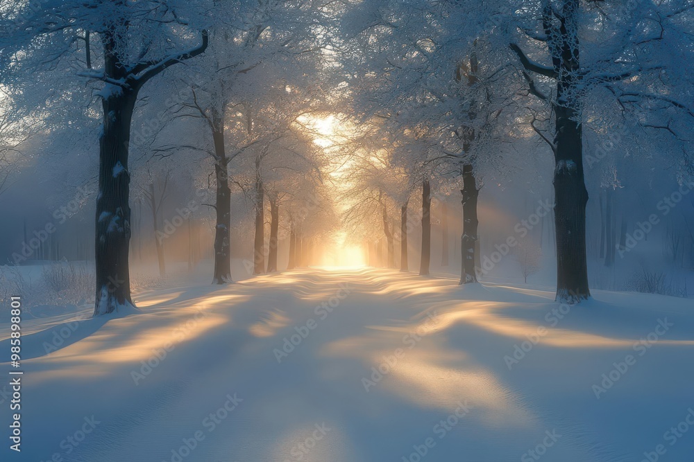 Winter's Golden Veil: Ethereal Sunlight Pierces Frosty Forest Mist Winter's Golden Veil: Ethereal Sunlight Pierces Frosty Forest Mist