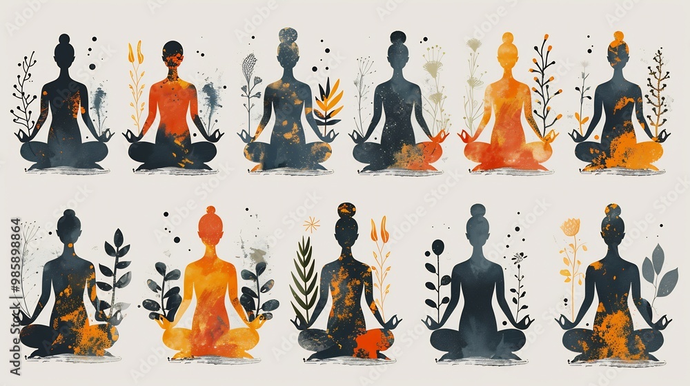 Naklejka premium Clean line art clip art featuring abstract human figures yoga poses with fluid minimalistic strokes perfect for wellness blogs fitness brands or meditation guides