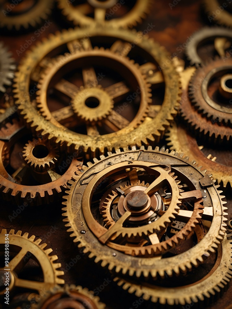 Birdseye view of steampunk gears in brass and copper tones. Birdseye view of steampunk gears in brass and copper tones.