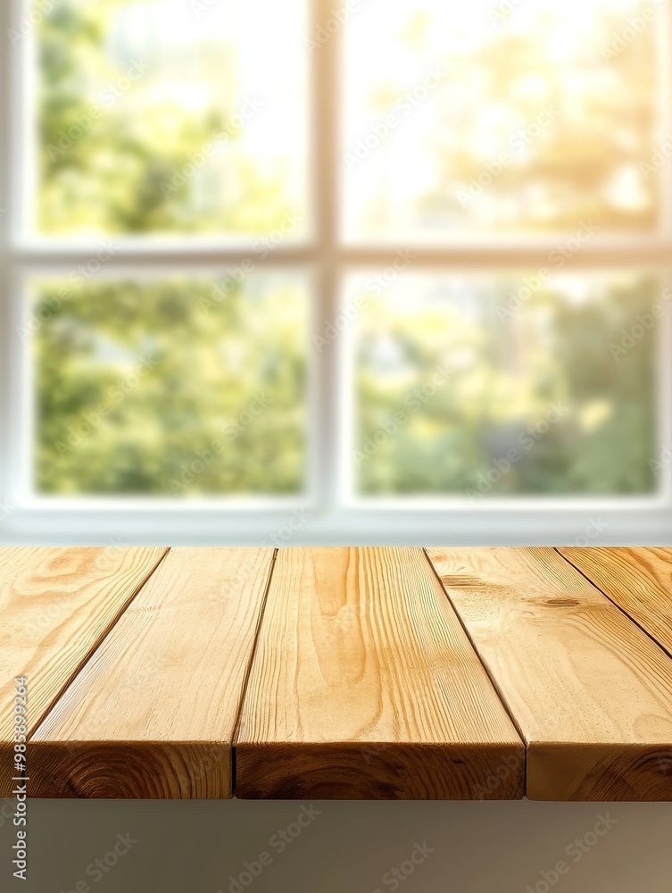 A wooden tabletop with a window and a blurry green background, perfect for showcasing products or creating a natural scene. The warm tones of the wood and the bright sunlight filtering through the wi A wooden tabletop with a window and a blurry green background, perfect for showcasing products or creating a natural scene. The warm tones of the wood and the bright sunlight filtering through the wi