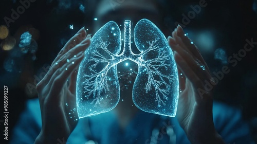 A doctor using a 3D hologram of a patient's lungs to visualize and diagnose complex respiratory conditions Large space for text in center Stock Photo with copy space