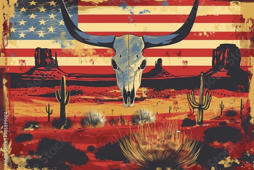 A realistic illustration of a bull skull against the backdrop of an American flag, suitable for patriotic or rugged themes photo