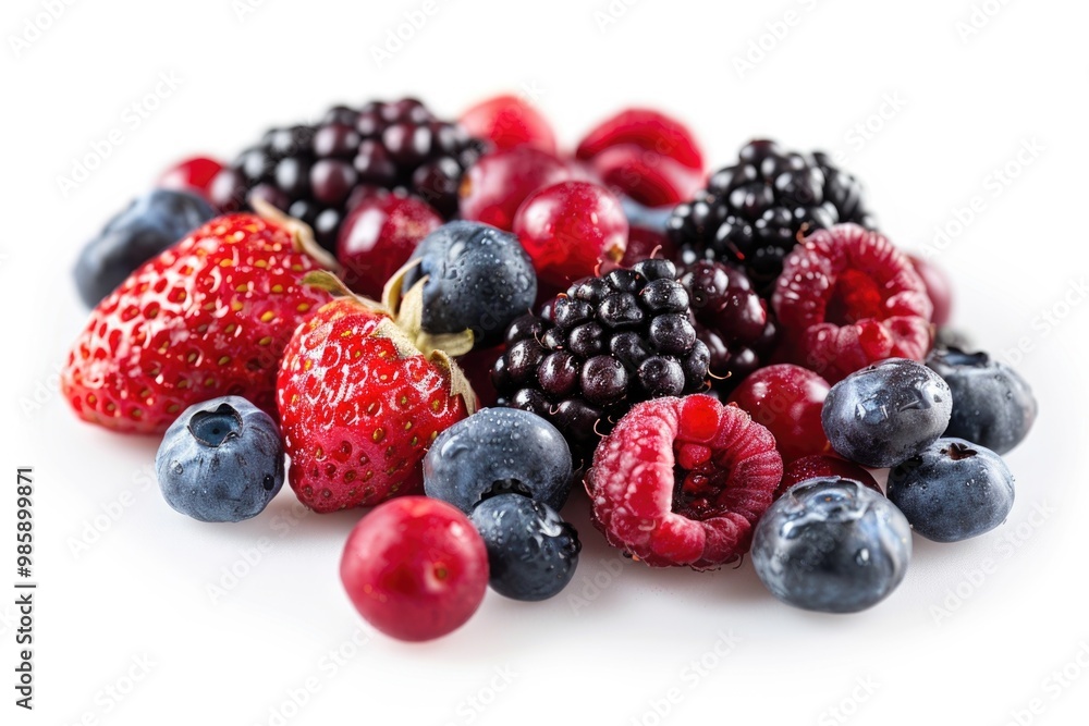 A collection of fresh berries and raspberries on a white surface A collection of fresh berries and raspberries on a white surface