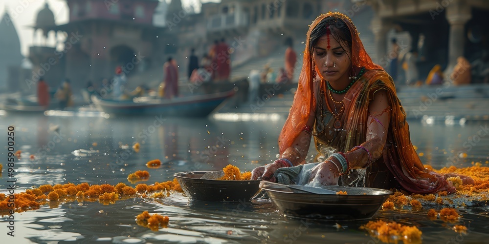 Woman in Orange Sari Washing in Ganges River Woman in Orange Sari Washing in Ganges River