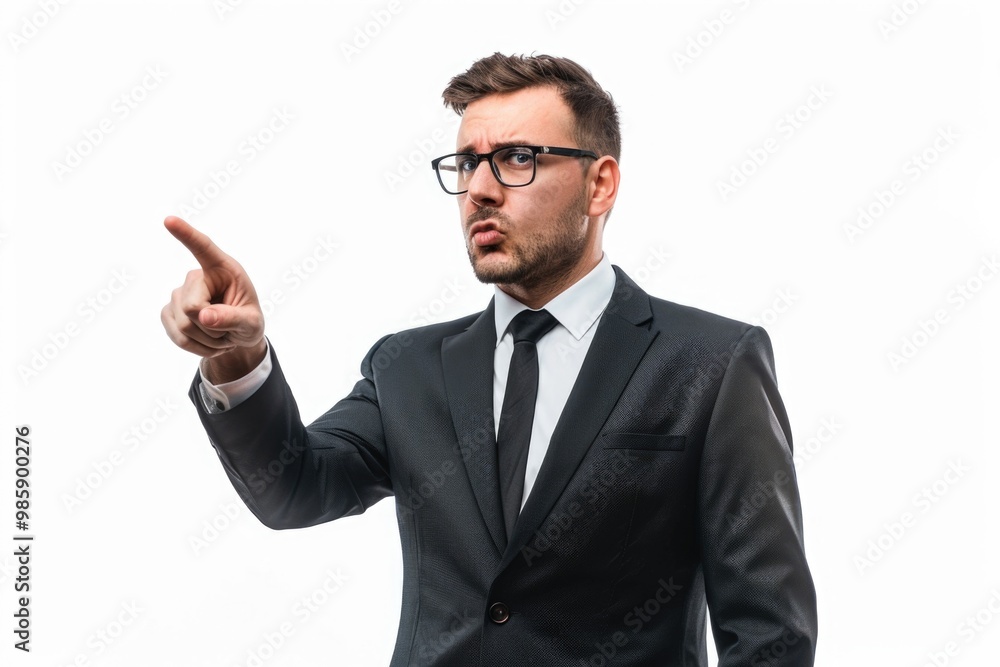 A businessman points at something with his finger, possibly indicating importance or drawing attention A businessman points at something with his finger, possibly indicating importance or drawing attention
