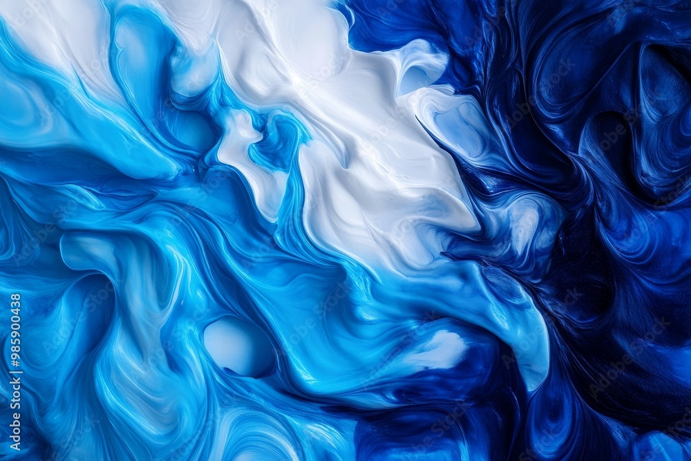 Fototapeta premium Abstract Blue and White Waves Painting - A mesmerizing swirl of blue and white paint, evoking feelings of movement, tranquility, and fluidity.