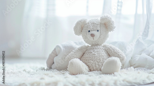 A cozy white teddy bear sits on a soft rug in a bright, airy room with sheer curtains and soft blankets around midday photo