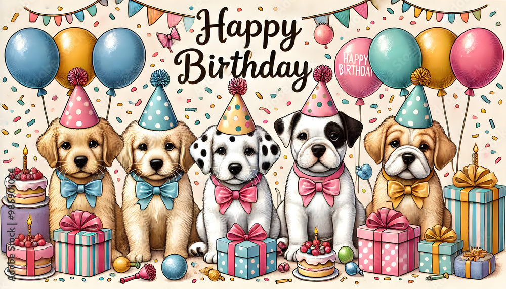 Obraz premium 誕生日を祝う5匹のかわいい子犬たちのイラスト