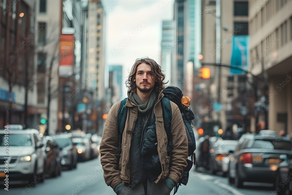 Lone Traveler Navigates the Bustling City Streets Lone Traveler Navigates the Bustling City Streets