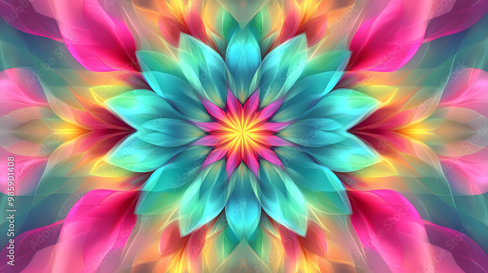 Dynamic floral burst: vibrant turquoise lime green fuchsia hues in kaleidoscopic pattern background. Floral Pattern. Illustration Dynamic floral burst: vibrant turquoise lime green fuchsia hues in kaleidoscopic pattern background. Floral Pattern. Illustration