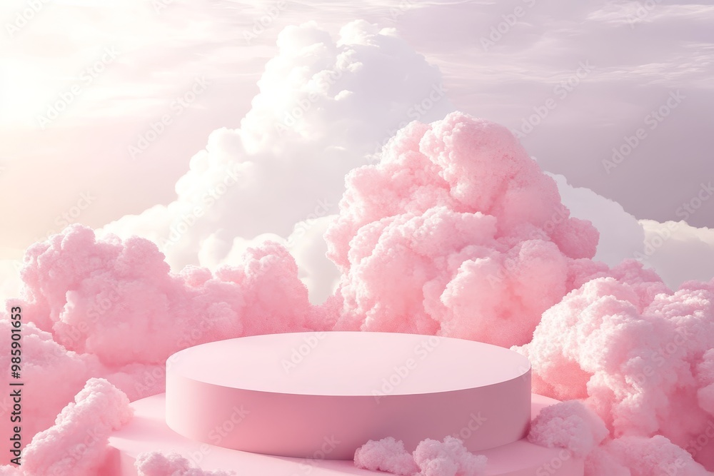 A minimalist pink podium nestled amongst fluffy clouds, representing ethereal beauty, serene tranquility, and a whimsical escape into a dreamlike world. A minimalist pink podium nestled amongst fluffy clouds, representing ethereal beauty, serene tranquility, and a whimsical escape into a dreamlike world.