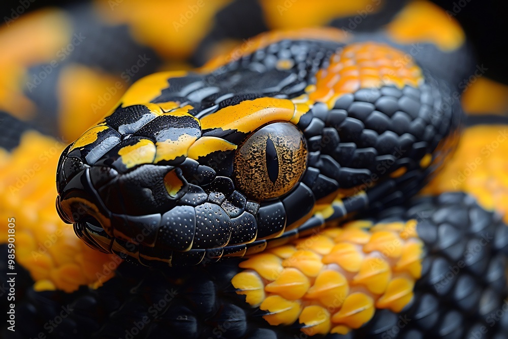 Closeup of snake skin texture diamondshaped scales in vibrant yellow and black creating a striking natural pattern perfect for wildlife or junglethemed designs Closeup of snake skin texture diamondshaped scales in vibrant yellow and black creating a striking natural pattern perfect for wildlife or junglethemed designs