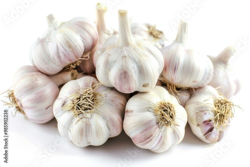 A close-up view of a pile of garlic cloves on a white surface, perfect for food or cooking related uses