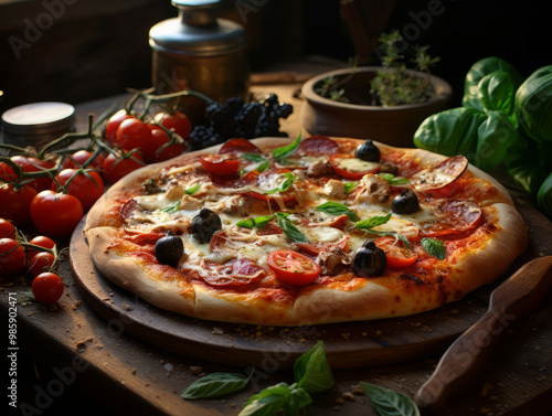 elicious mushroom pizza with cheese olives and tomatoes on dark surface pizza italy meal dough food photo