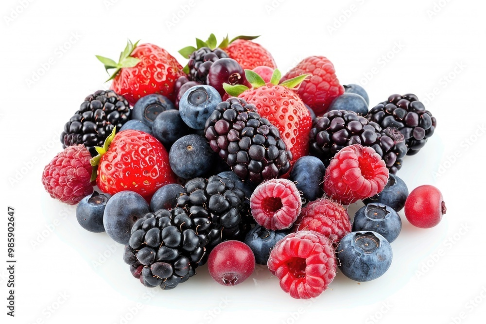 A pile of fresh raspberries and berries on a white surface, perfect for decoration or photography A pile of fresh raspberries and berries on a white surface, perfect for decoration or photography