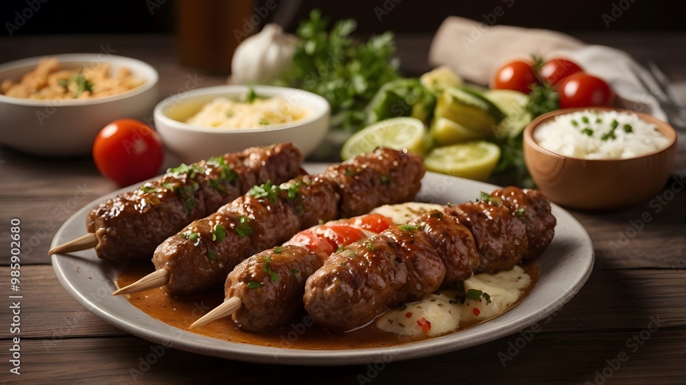 Some Cevapcici Food Kebabs meat skewers with rice Some Cevapcici Food Kebabs meat skewers with rice