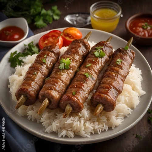 Four Cevapcici Food Kebabs meat skewers with rice