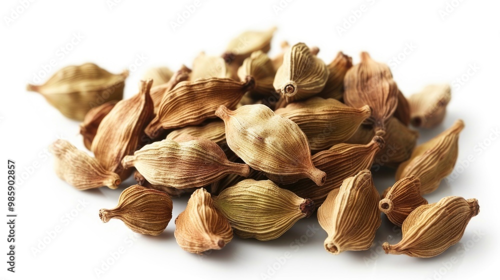 A collection of dried cardamom seeds on a white background, great for food or spice-themed imagery A collection of dried cardamom seeds on a white background, great for food or spice-themed imagery