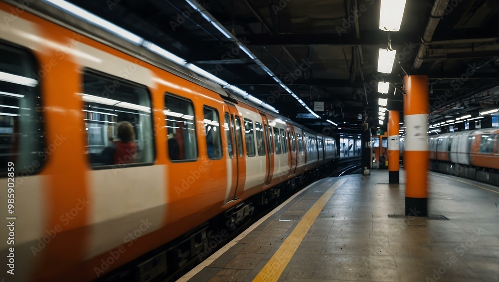 Blurred orange train speeding through an underground station. Blurred orange train speeding through an underground station.