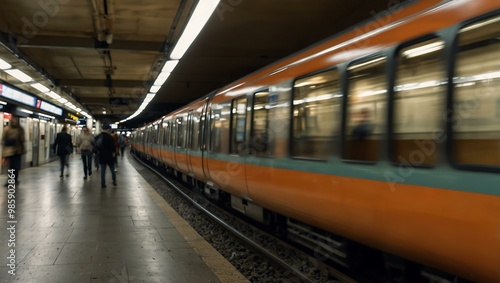 Blurred orange train speeding through an underground station.