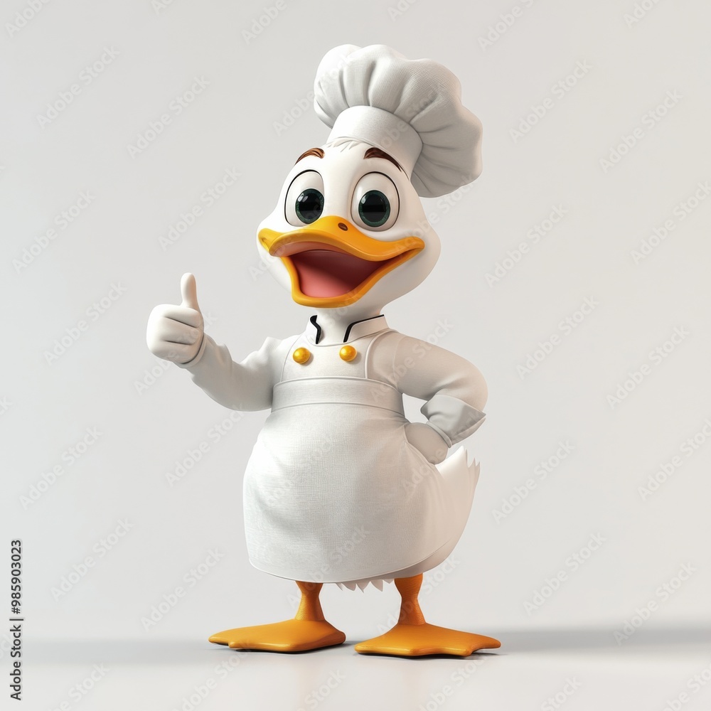Obraz premium Cartoon of a white duck in a chef's uniform with one thumb raised, smiling at the camera, hands on hips, and posing cutely on a white background.