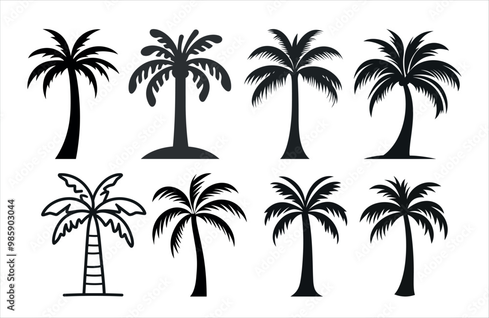Fototapeta premium Detailed Highly Detailed Palm or coconut tree black art silhouette vector illustration set on white background